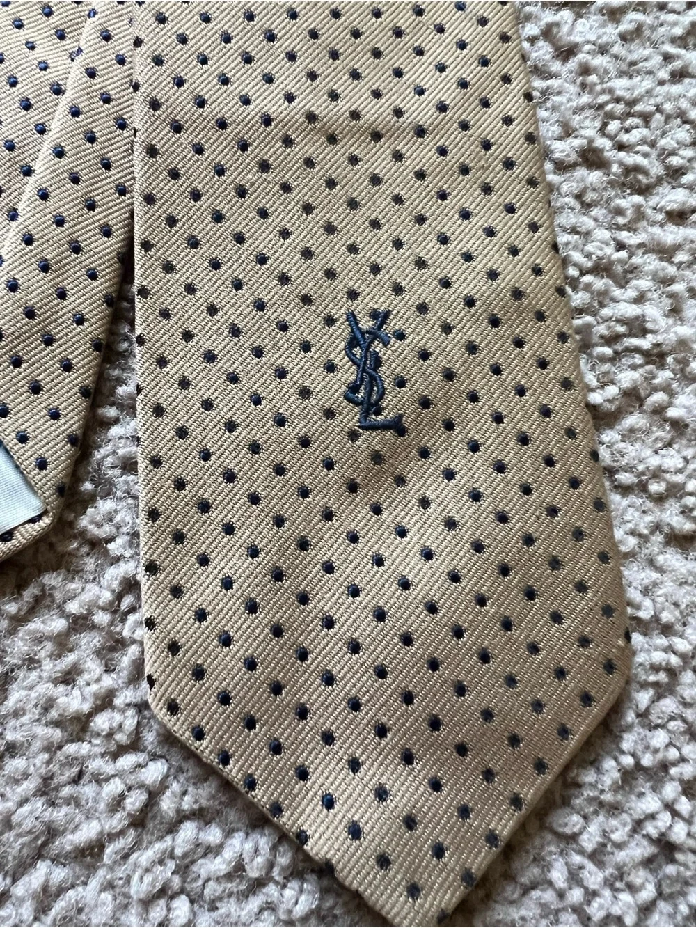 Vintage Yves Saint Laurent Silk Polka Dot Tie YSL Tan Gold Navy Logo